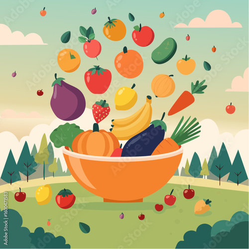 bowl brimming with a cascade of fresh fruits and vegetables