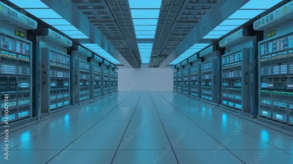 Futuristic data center with illuminated servers and blue lighting  