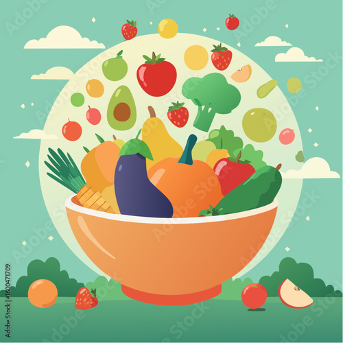 bowl brimming with a cascade of fresh fruits and vegetables