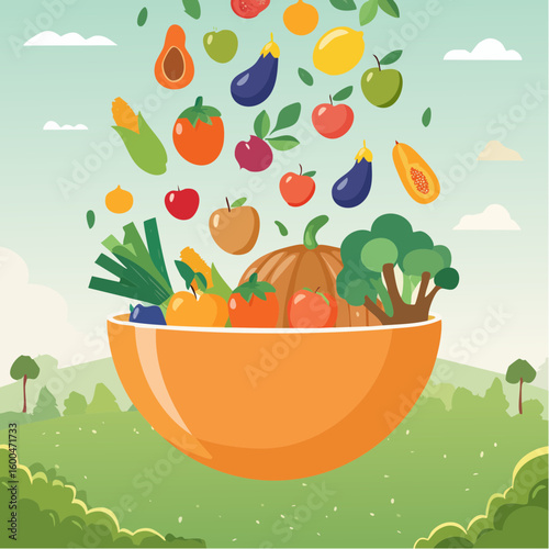 bowl brimming with a cascade of fresh fruits and vegetables