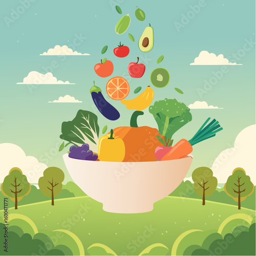 bowl brimming with a cascade of fresh fruits and vegetables