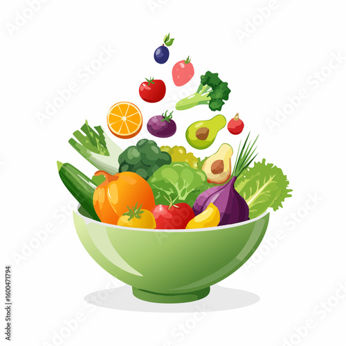 bowl brimming with a cascade of fresh fruits and vegetables