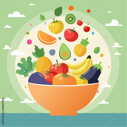 bowl brimming with a cascade of fresh fruits and vegetables