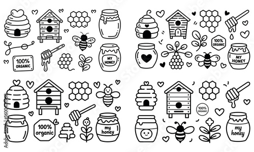 Honey and beekeeping elements outline set simple black and white illustration for organic natural food and bee concept
