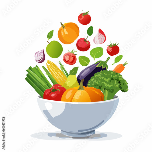 bowl brimming with a cascade of fresh fruits and vegetables