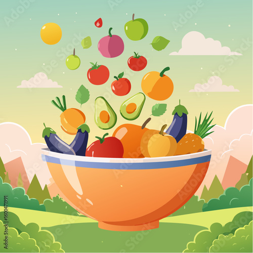 bowl brimming with a cascade of fresh fruits and vegetables