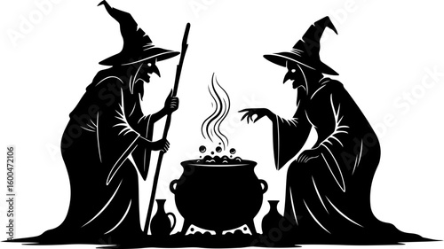 Vector art of two witches in silhouette wearing pointed hats and robes are stirring