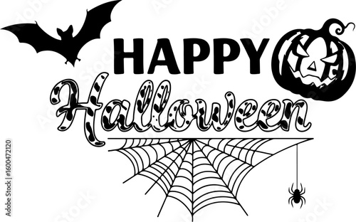 Vector art of happy halloween text with a jack o lantern bats and a spider hanging