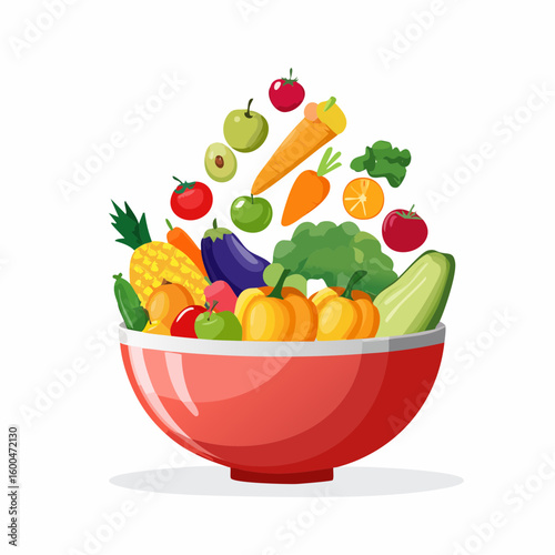 bowl brimming with a cascade of fresh fruits and vegetables