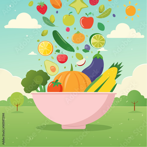 bowl brimming with a cascade of fresh fruits and vegetables