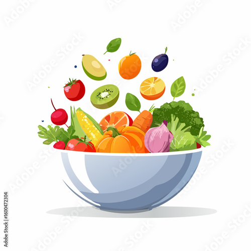 bowl brimming with a cascade of fresh fruits and vegetables
