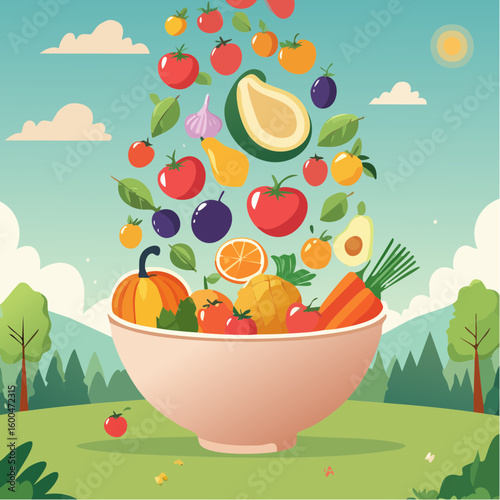 bowl brimming with a cascade of fresh fruits and vegetables