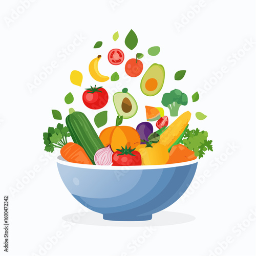 bowl brimming with a cascade of fresh fruits and vegetables