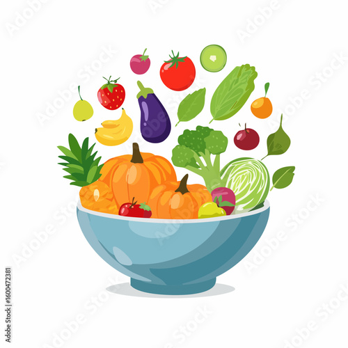 bowl brimming with a cascade of fresh fruits and vegetables