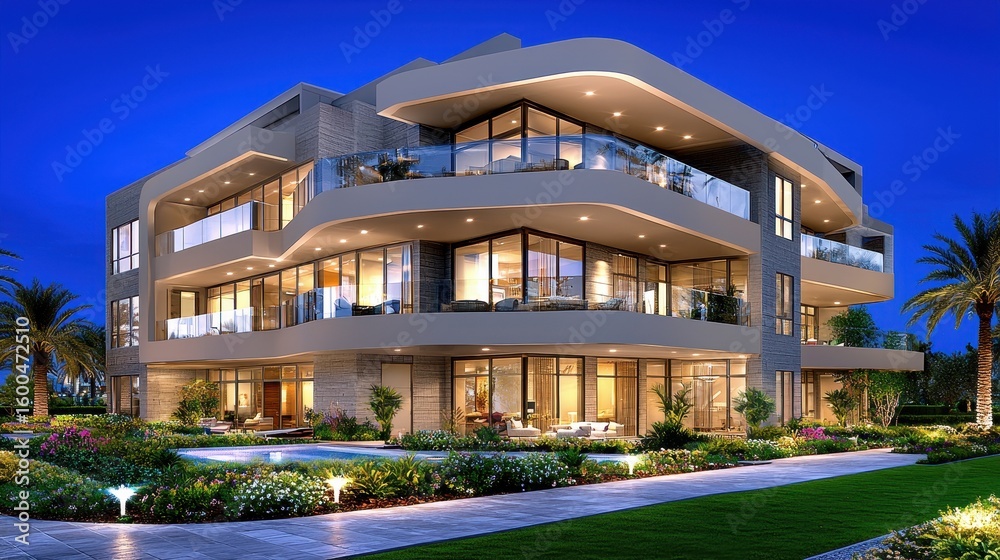 Obraz premium Luxury Beachfront Property at Night Modern Stone Architecture with Pool and Landscaping