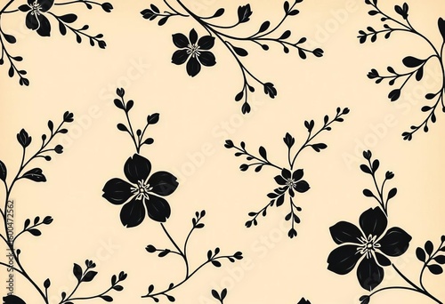 Delicate black floral sprigs & ornaments repeat on beige vintage endpaper, book page, beige