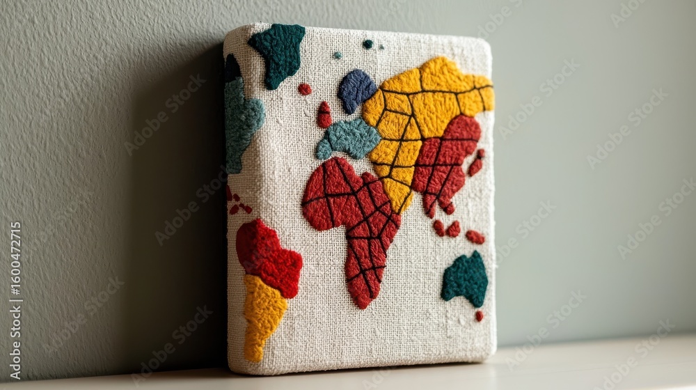 Obraz premium Handcrafted Yarn World Map Featuring Vibrant Continents Against a Neutral Backdrop