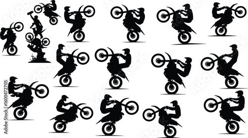 Silhouette of motocross riders performing wheelies, extreme stunts, dirt bike action, motorbike tricks, isolated on white