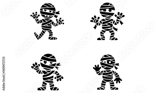 Halloween mummy cartoon icon black and white illustration for spooky horror party and holiday decoration design
