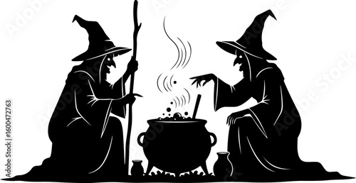 Vector art of two silhouette witches in pointed hats and robes are gathered around a