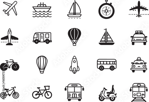 Diverse transportation modes illustrated in black and white airplane boat