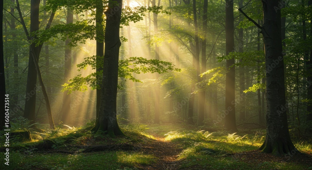 Naklejka premium Sunbeams pierce through tall trees, illuminating a forest path. A vibrant display of light filters through the leaves, creating a magical ambiance