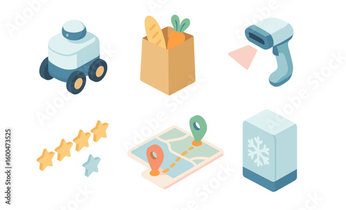 Isometric delivery and navigation icons with food, devices, and ratings