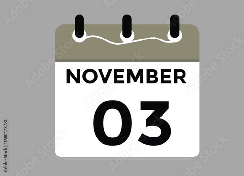 3 November, calendar date icon. 3 November Calendar Date for Deadlines or Appointment. Day, month. vector illustration.
