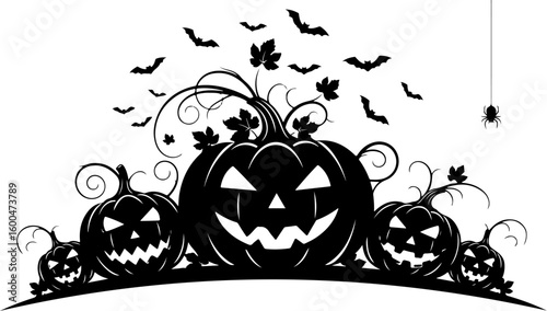 Vector art of a group of five carved halloween pumpkins with scary faces and