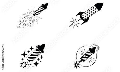 Firework rockets with sparks festive black and white illustration for holiday celebration and party decoration
