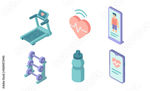 Isometric fitness elements: treadmill, heartbeat, smartphone, dumbbells, water bottle