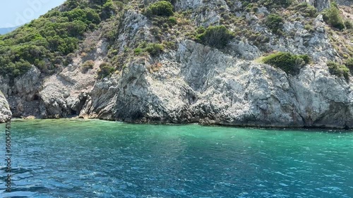 Turquoise sea tropical island view. Island coast and clean turquoise sea in Turkey