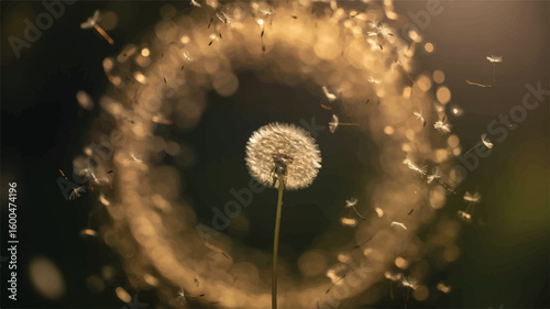 Dandelion seeds flying in golden bokeh circle airborne