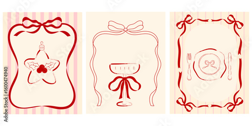 Christmas and New Year poster design with hand-drawn ribbon frames, champagne glass, plate and holiday ornament in hand drawn