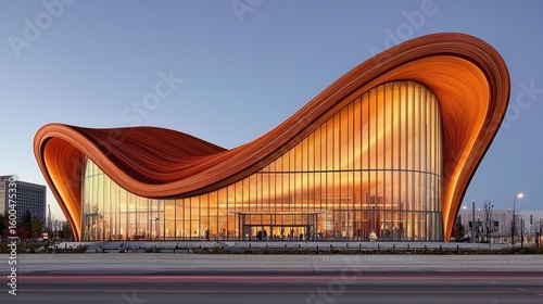 Modern Amber Toned Building at Dusk Curved Architecture with Glass Facade