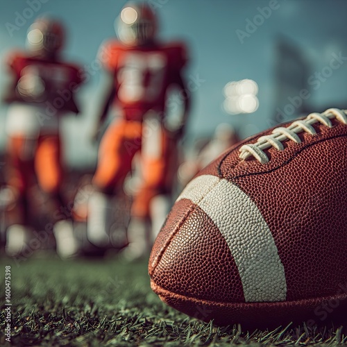 Close-up football, players blurred