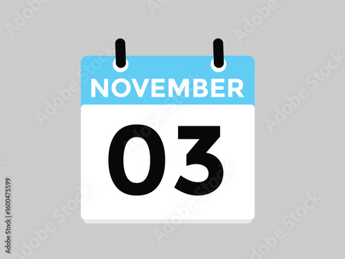 3 November, calendar date icon. 3 November Calendar Date for Deadlines or Appointment. Day, month. vector illustration.
