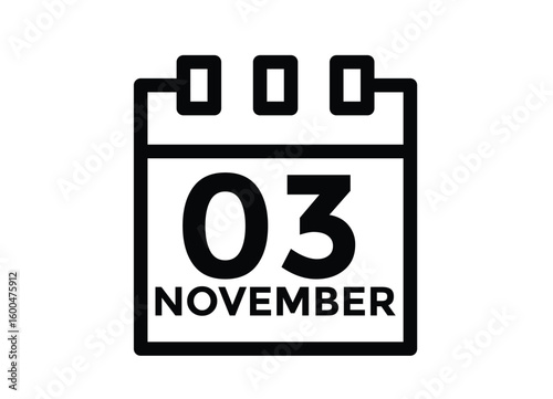 3 November, calendar date icon. 3 November Calendar Date for Deadlines or Appointment. Day, month. vector illustration.
