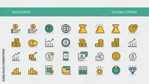 Finance and Investment Icons with Dollar Signs and Graphs