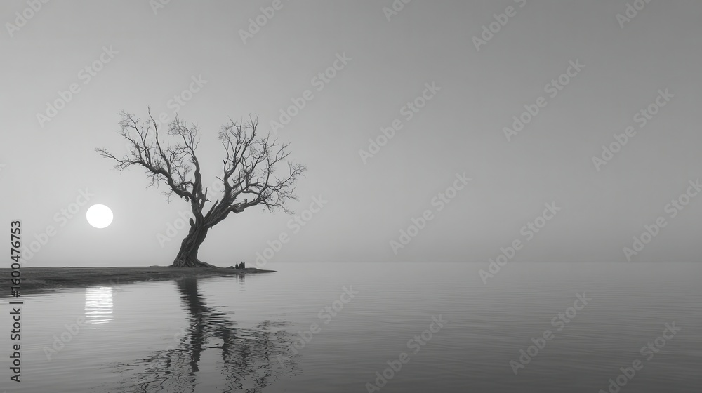 Lone bare Tree Stands on the Shoreline of a Lake at Sunset with Mountains in the Distance Lone bare Tree Stands on the Shoreline of a Lake at Sunset with Mountains in the Distance