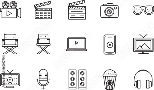 Film production and viewing equipment icons movie camera clapperboard