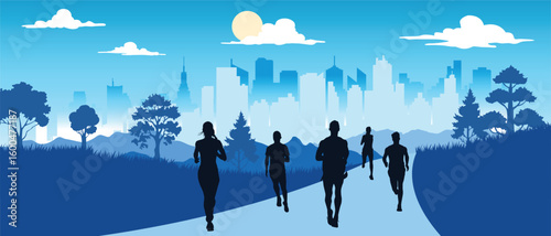Silhouette of People Jogging in Urban Park at Sunrise