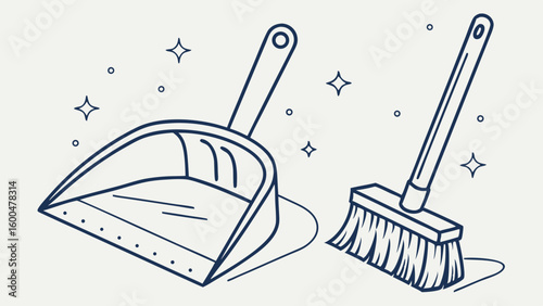 Vector illustration of cleaning tools including a broom and dustpan for home care and cleaning services