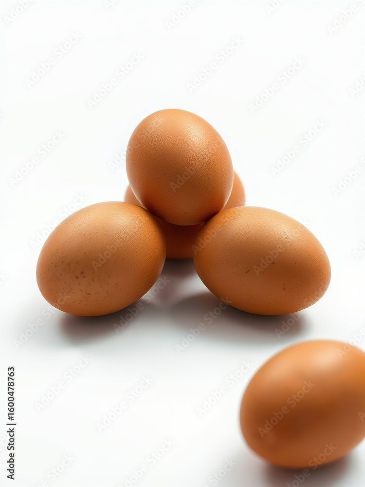 Brown eggs stacked on white background, showcasing their smooth texture and natural appearance Brown eggs stacked on white background, showcasing their smooth texture and natural appearance