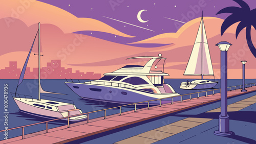 Illustration of yachts and sailboats docked along a pier at twilight with a cityscape backdrop