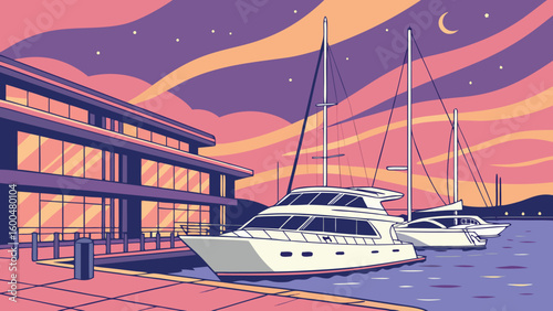 Illustration of yachts docked near a modern building with a colorful sky at dusk or dawn scenery view