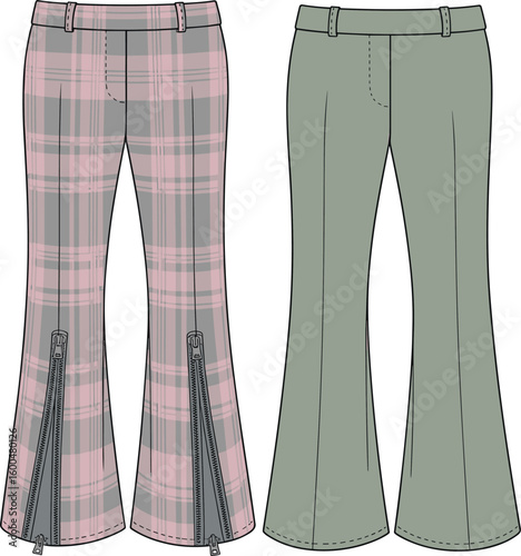 Stylish Women's Flared Trousers with Plaid Pattern and Zipper Detail, Fashionable Green Bell Bottom Pants, Contemporary Apparel Design, Trendy Bottoms for Modern Wardrobe.