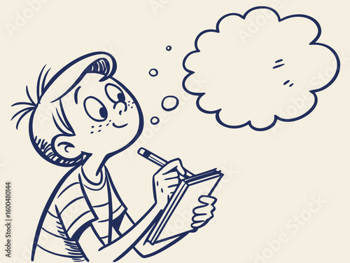 Vector illustration of a thoughtful boy writing in a notebook for educational and creative design