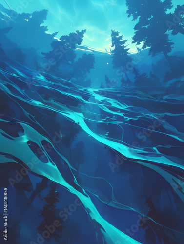 Underwater canyon with cascading blue layers creating a liquid avalanche visible through sonar-like ripples.