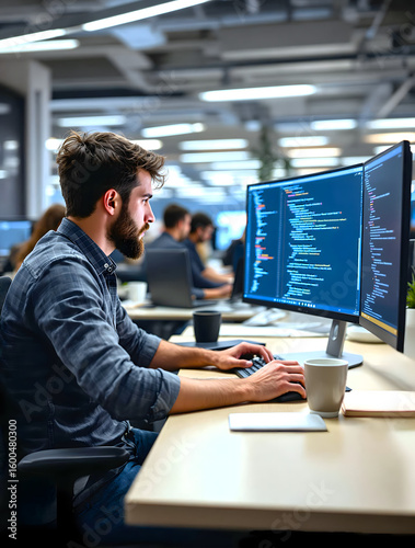 A Developer coding on a monitor, with the screen displaying complex software. Represents technology, programming, and innovation. Perfect for web development, cybersecurity, and IT concepts.	